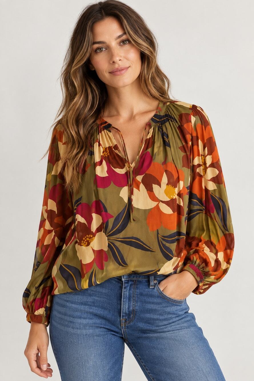 Velvet Graham & Spencer Isra Printed V-Neck Blouse – Hydrangea Floral – Size M